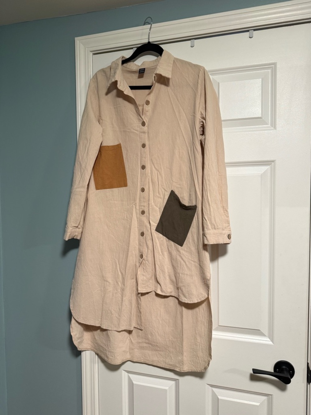10 Items for $20: Button-Front Long Shirt Dress with Contrast Pockets - Beige